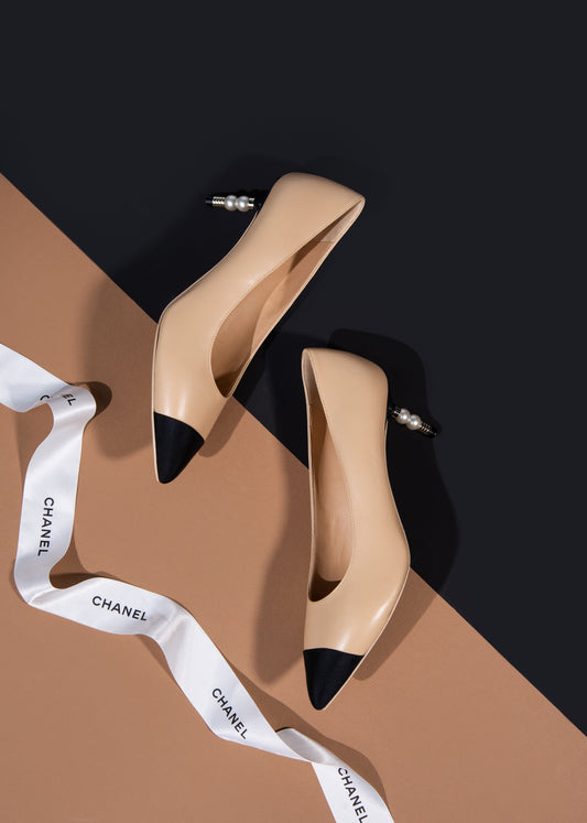 Chanel CC Logo Pearl Heeled Pumps in Beige/Black