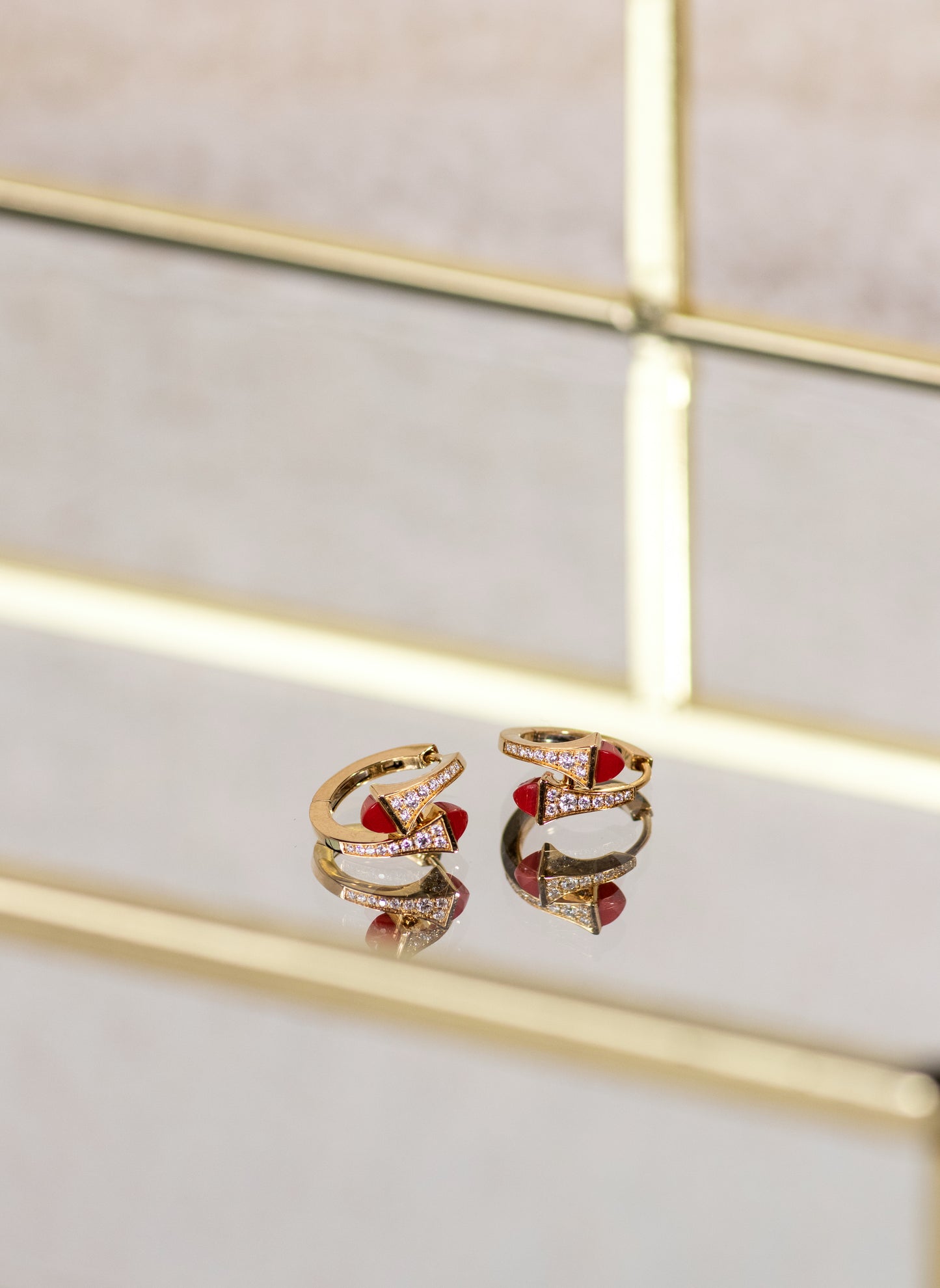 Marli Cleo Diamond Huggie Yellow Gold Earrings in Red Coral