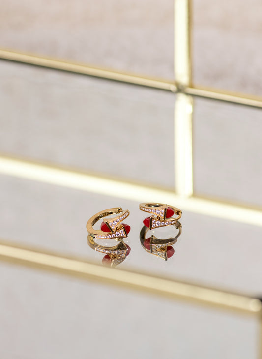 Marli Cleo Diamond Huggie Yellow Gold Earrings in Red Coral