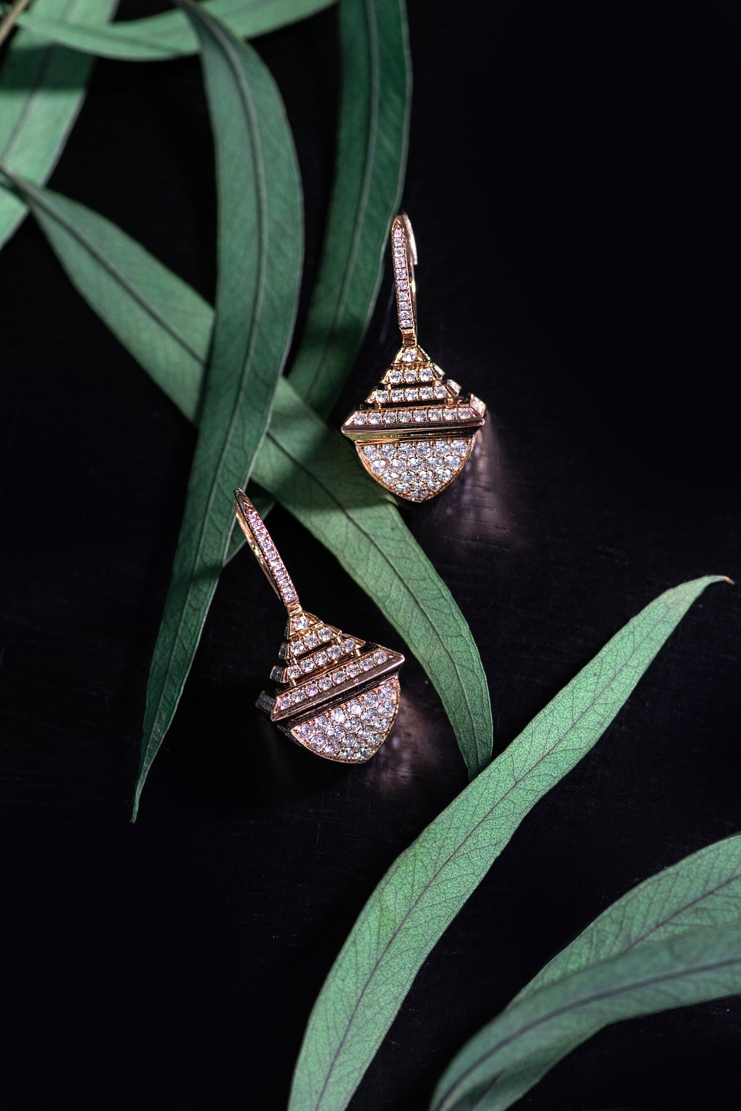 Marli Cleo Pink Gold Bangle w/ Diamond & Moon Stone and Earrings w/ Diamond Full Pave