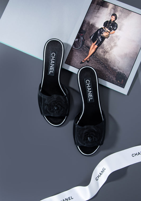 Chanel Black Rose Mesh Sandals