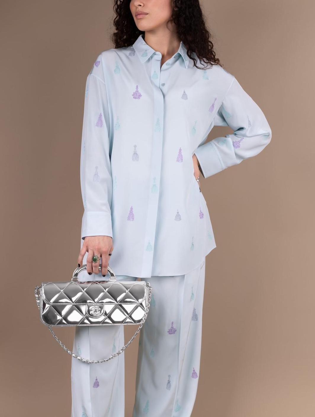 Hermès Embroidered Top & Pants in Vert Embrun with Chanel Large Silver Flap Bag with Top Handle