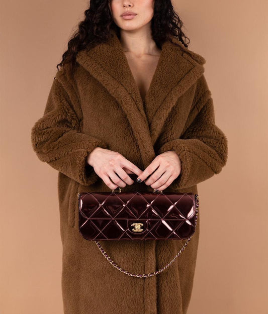 Chanel Large Metallic Mirror Calfskin Flap Bag with Top Handle in Burgundy