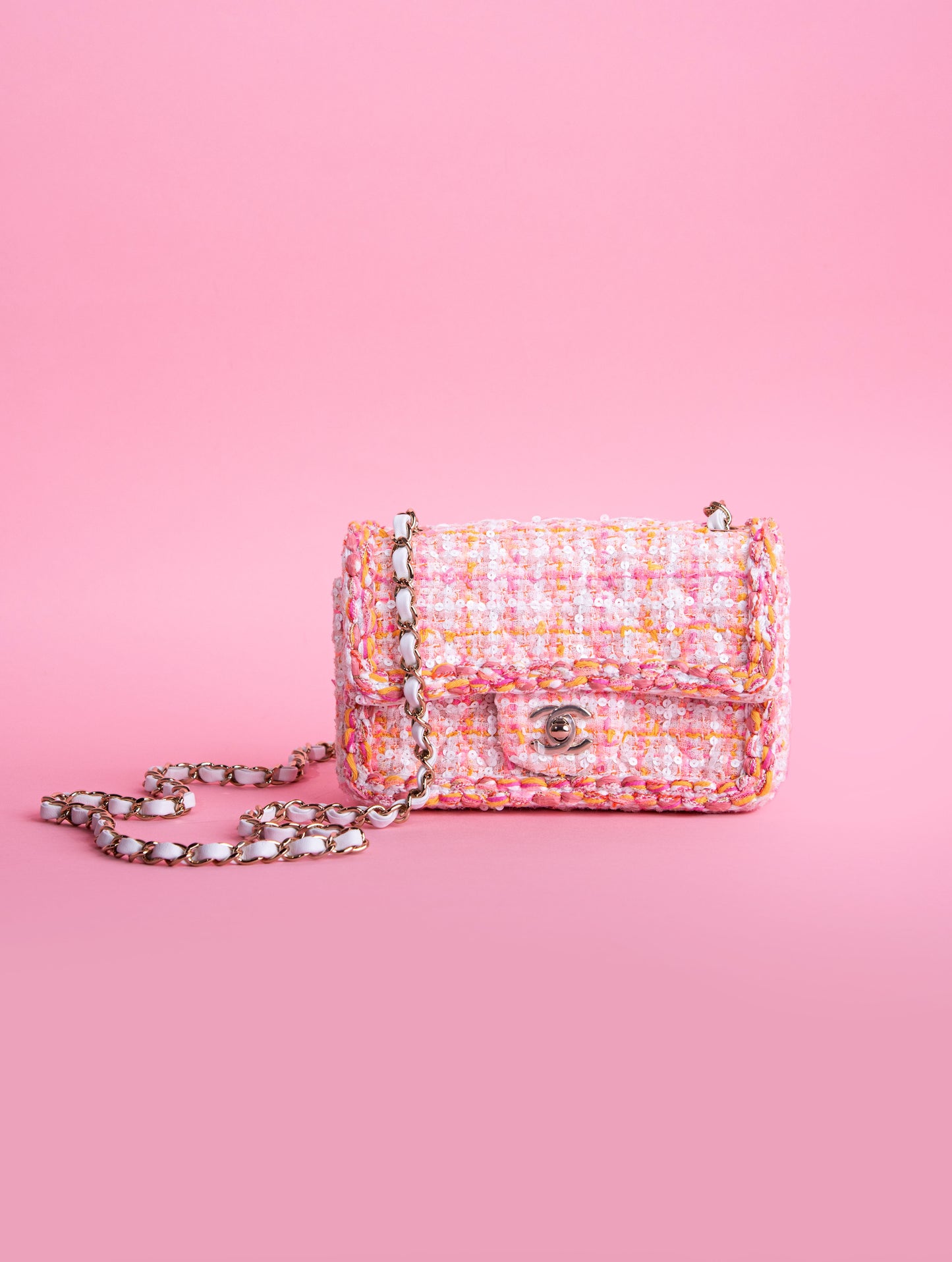 Chanel Tweed Braid Sequin Mini Flap in White/Pink/Orange