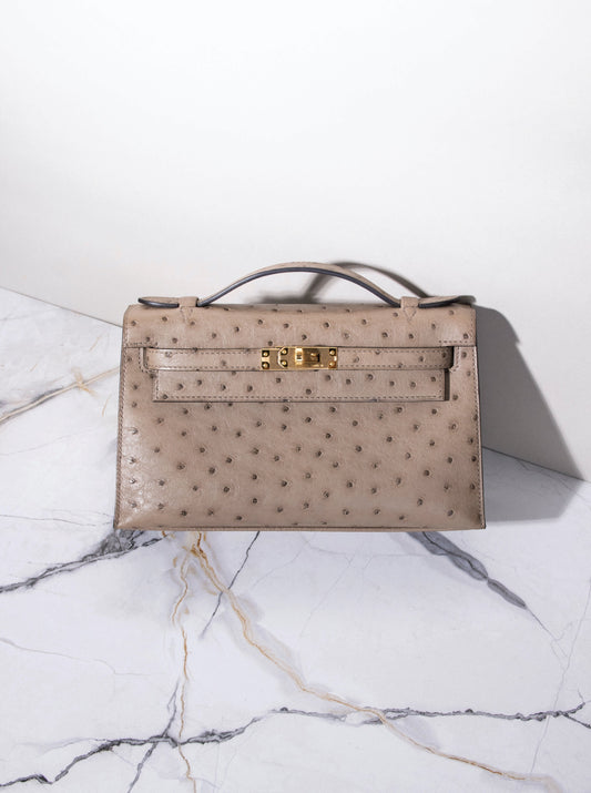 Hermès Ostrich Mini Kelly Pochette Grey Asphalt GHW