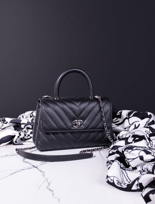 Chanel Caviar Chevron Black Mini Coco Handle