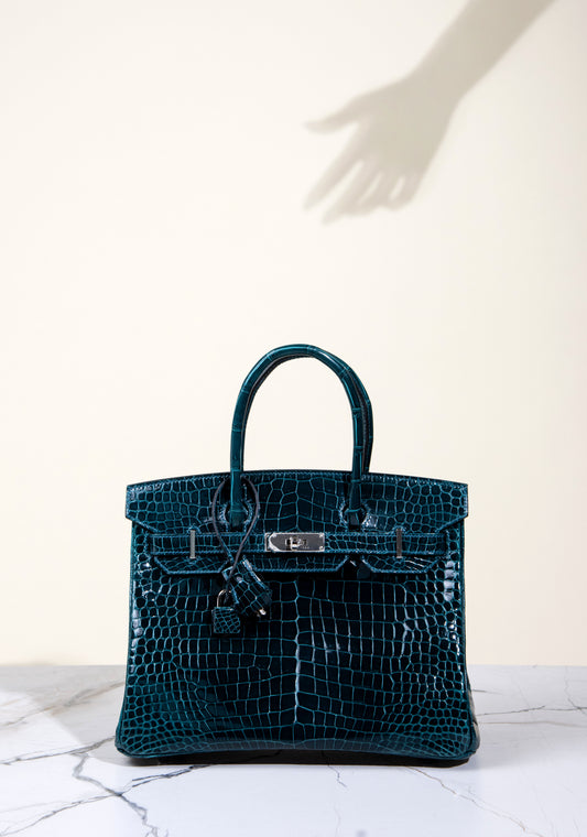 Hermès Birkin 30 Shiny Crocodile in Blue Colvert PHW