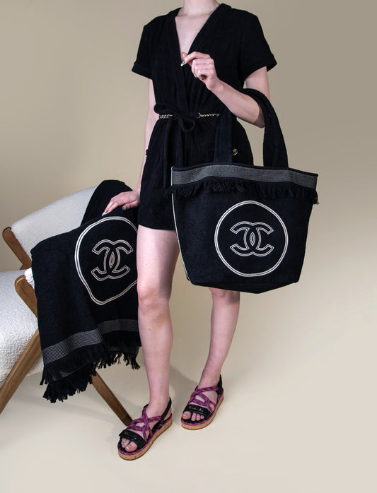 Chanel Black Tunic & CC Black Beachwear Tote Bag with Towel