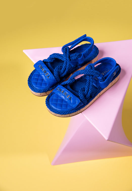 Chanel Blue Cord Lambskin Quilted Logo Sandals