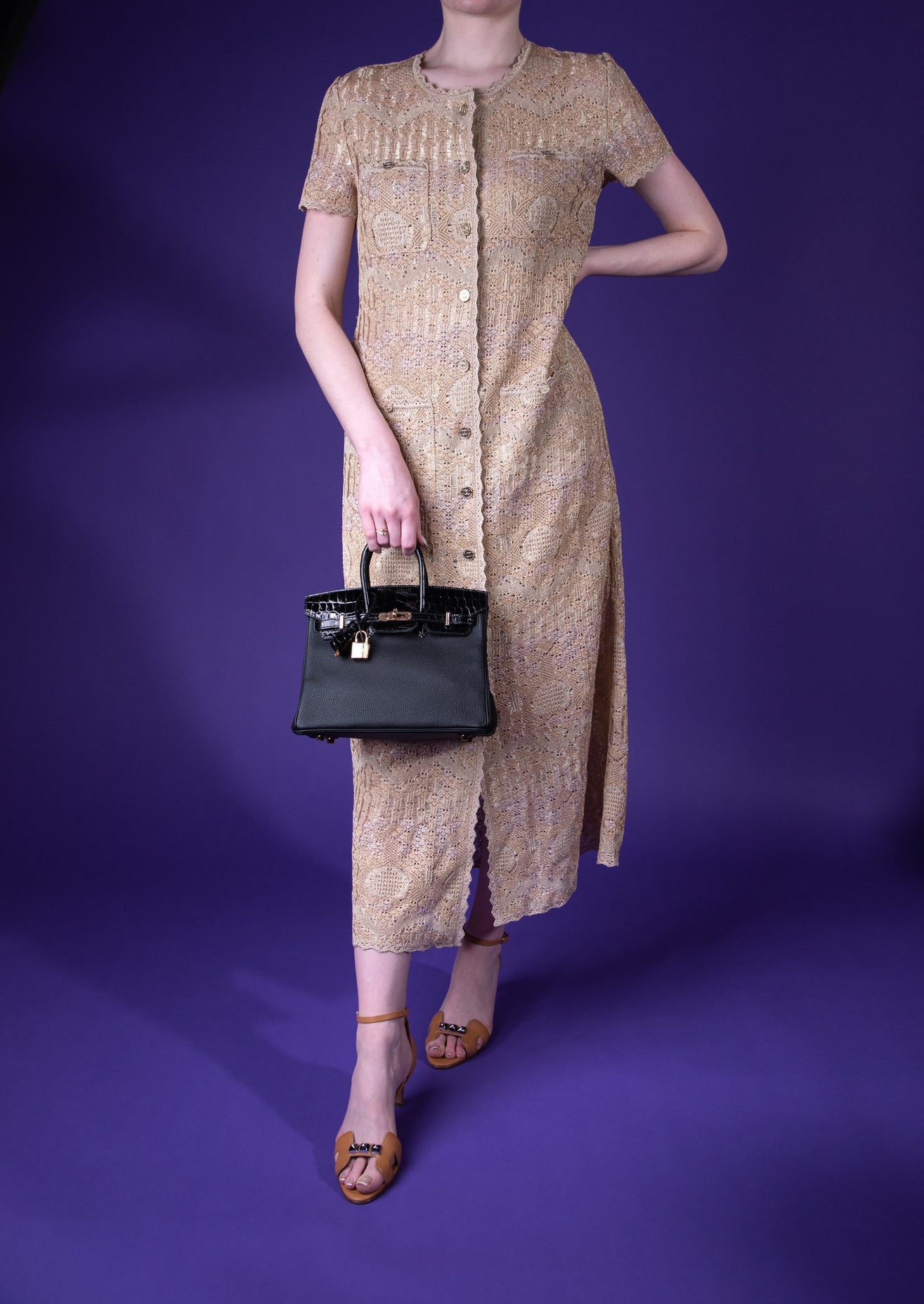 Hermès Birkin 25 Touch Black Shiny Crocodile RGHW with Chanel Golden Dress