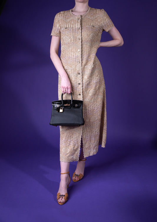 Hermès Birkin 25 Touch Black Shiny Crocodile RGHW with Chanel Golden Dress