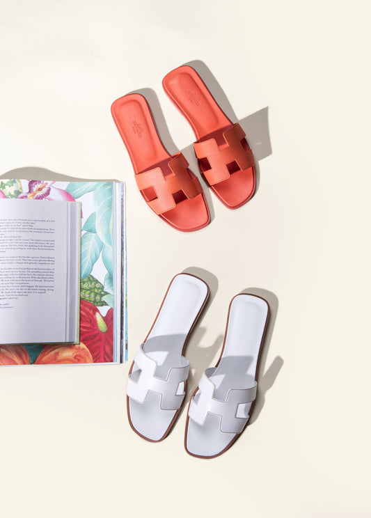 Hermès Oran Sandals in Rose Sorbet & Blanc Piqûres Havane