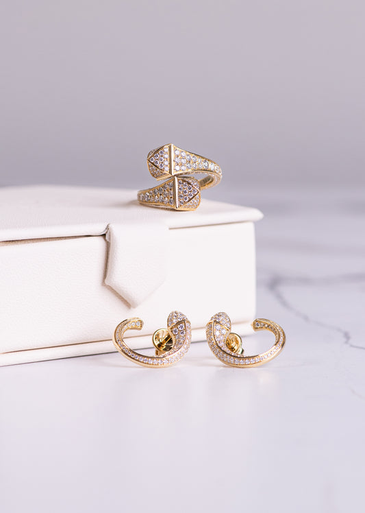 Marli Yellow Gold Cleo Statement Ring & Cleo Venus Full Diamond Stud Earrings