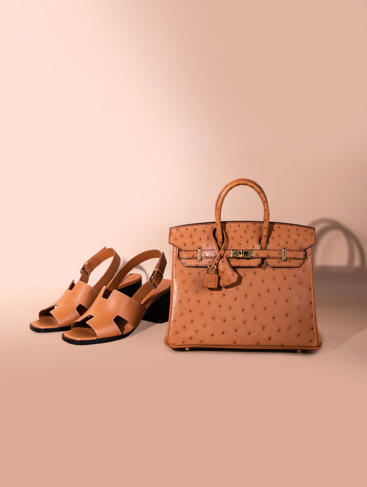 Hermès Birkin 25 Ostrich Cognac GHW & Elbe 60 Sandals in Marron Glaise
