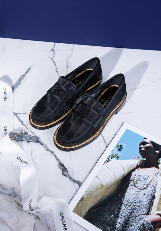 Chanel Mesh & Satin Black Loafers