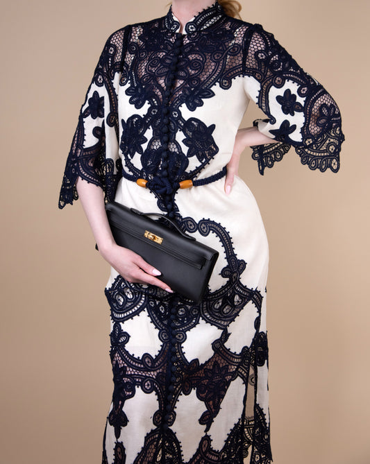 Hermès Kelly Cut Clutch in Black GHW with Zimmermann Linen Dress & Loro Piana Babouche Loafers