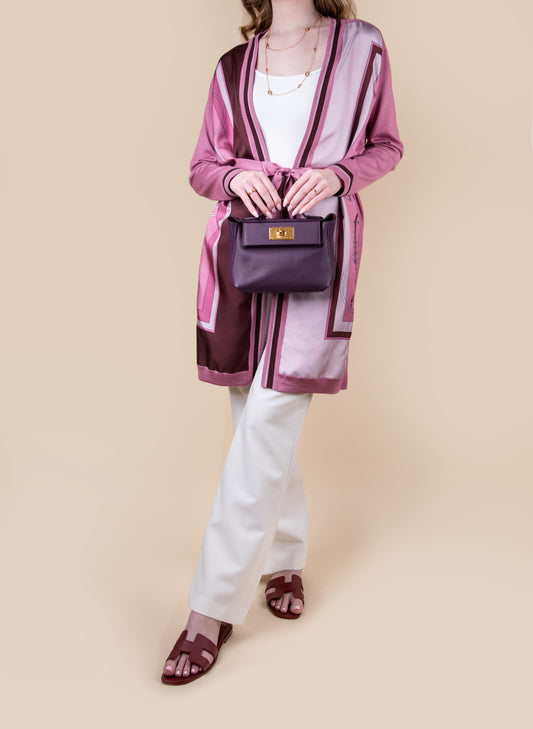 Hermès Long Cardigan in Rose Aphrodite with Mini 24/24 Cassis GHW & Oran Sandals