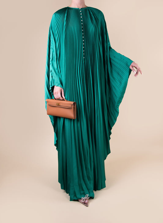 Semsem - Crystal-Embellished Plissé-Satin Maxi Dress in Forest Green with Hermès Kelly Cut Wallet in Gold