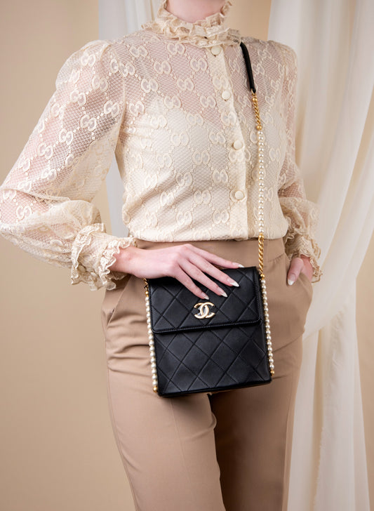 Chanel Calfskin Quilted Pearl Small Black Bag