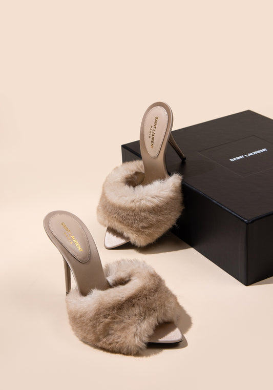 Saint Laurent Gippy Faux Fur Mule Sandals in Light Beige