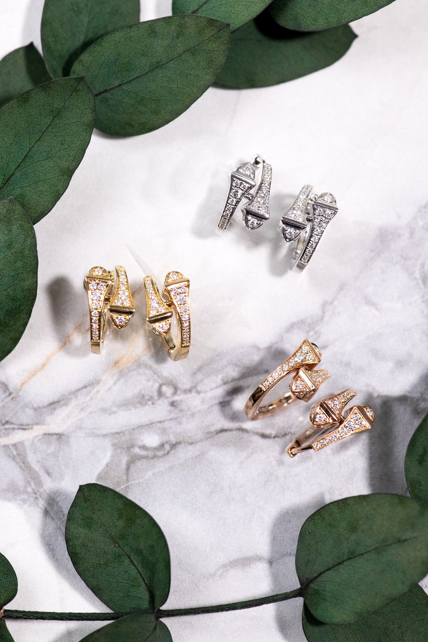 Marli Cleo Full Diamond Huggie Earrings in White/Yellow/Pink Gold