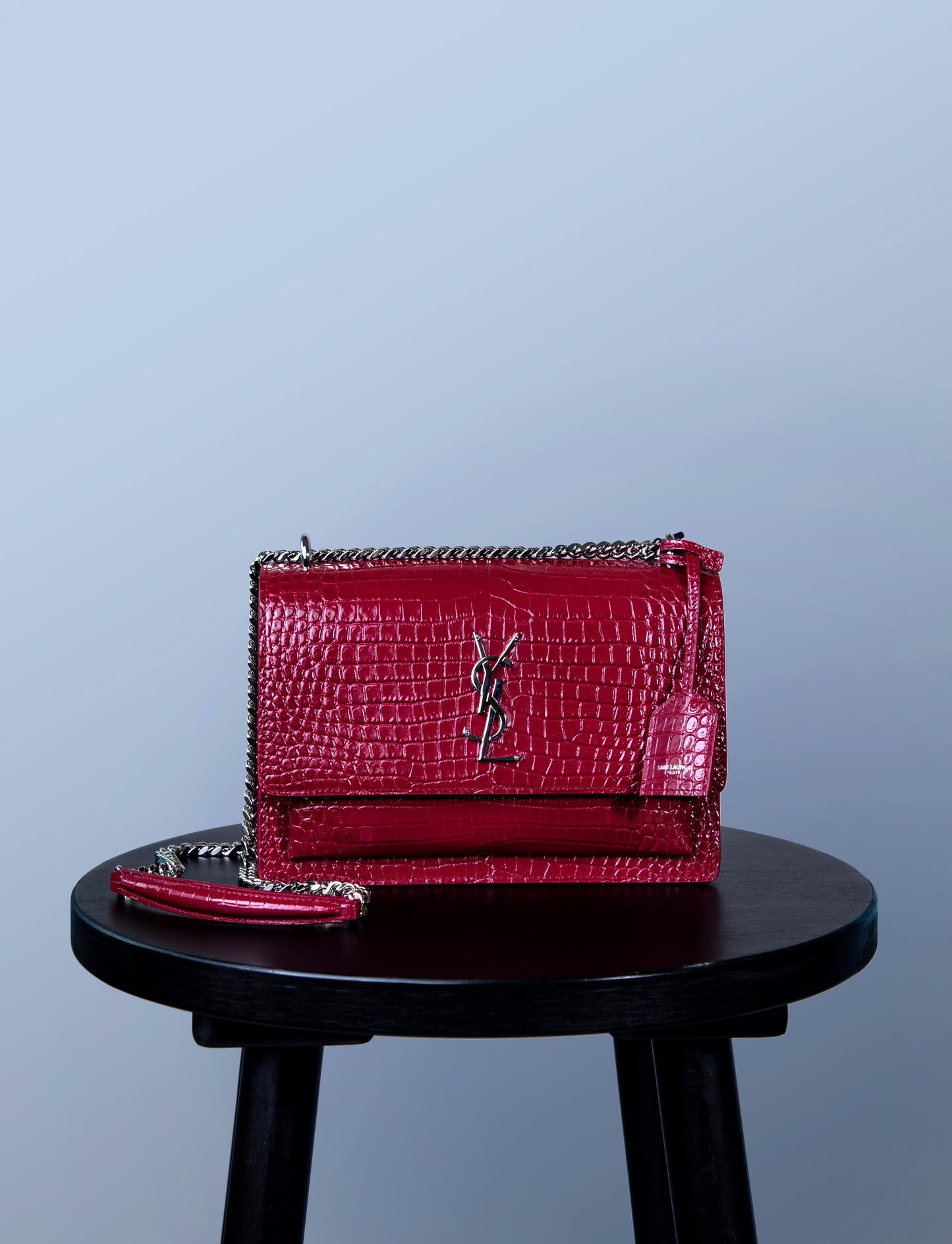 YSL Sunset Chain Wallet in Crocodile Embossed Leather