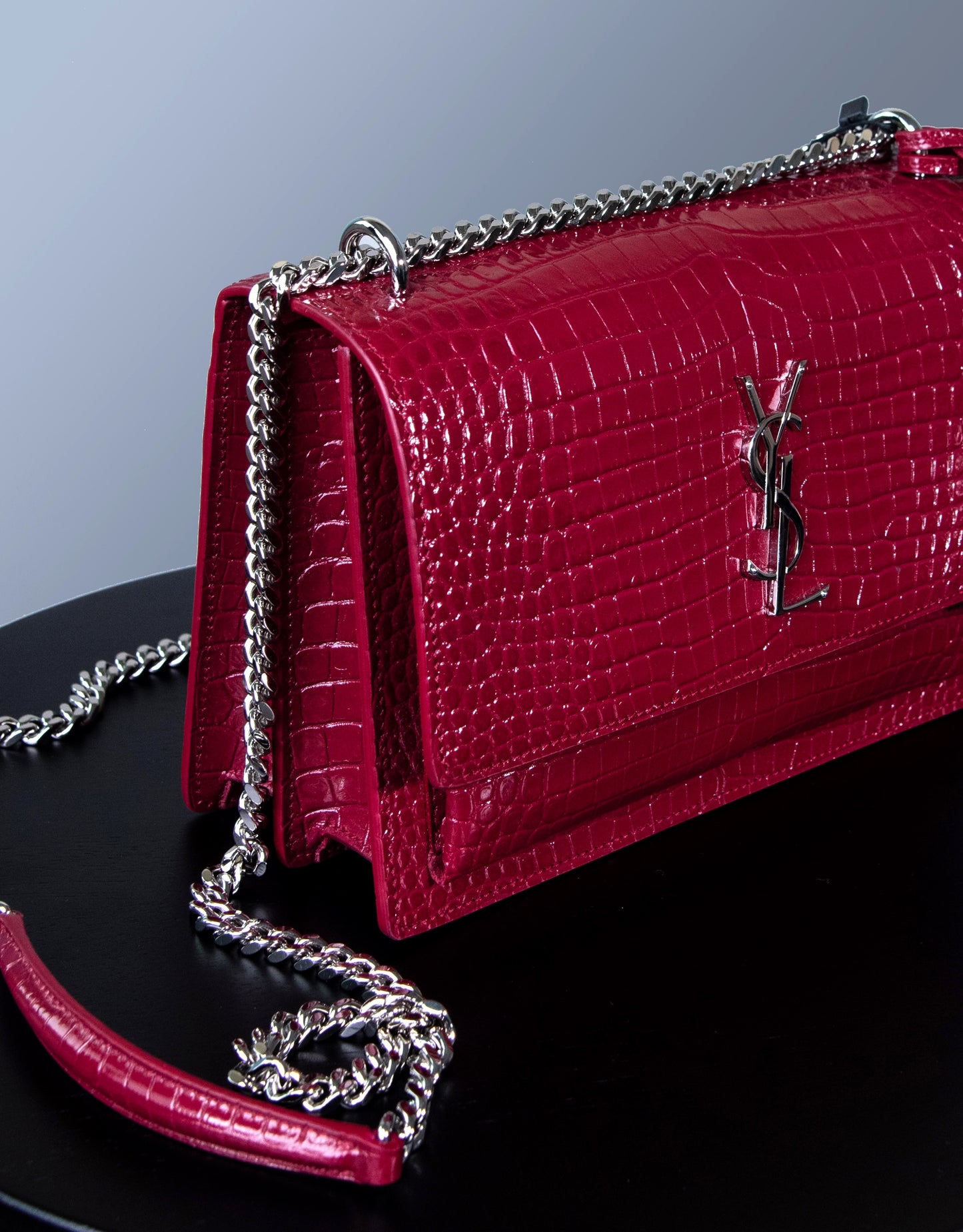 YSL Sunset Chain Wallet in Crocodile Embossed Leather