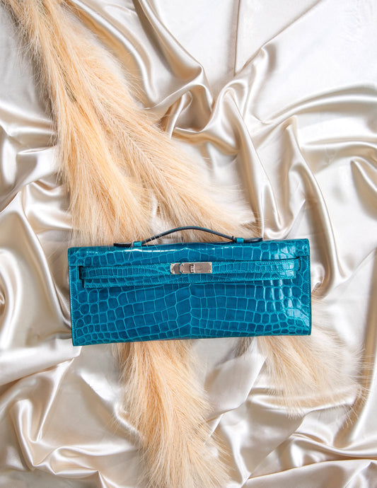 Hermès Kelly Cut Crocodile Clutch in Blue Izmir