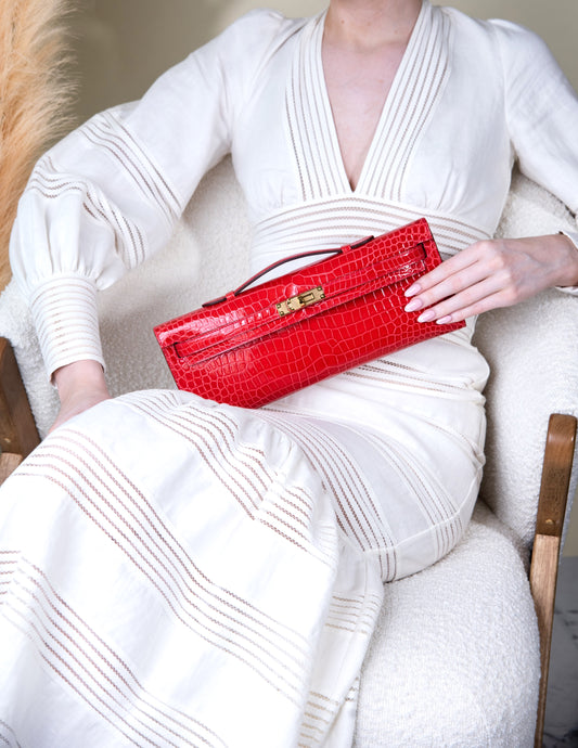 Hermès Kelly Cut Crocodile in Rouge De Coeur GHW