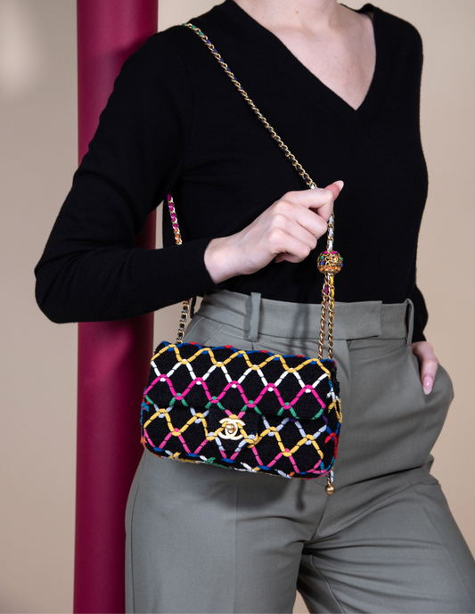 Chanel Black & Multicolor Mini Flap Tweed & Gold-Tone Metal with Adjustable Chain