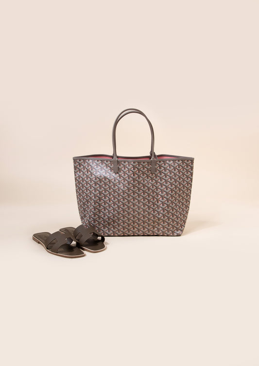 Goyard Saint Louis PM Bag in Grey with Hermès Etoupe Oran Sandals