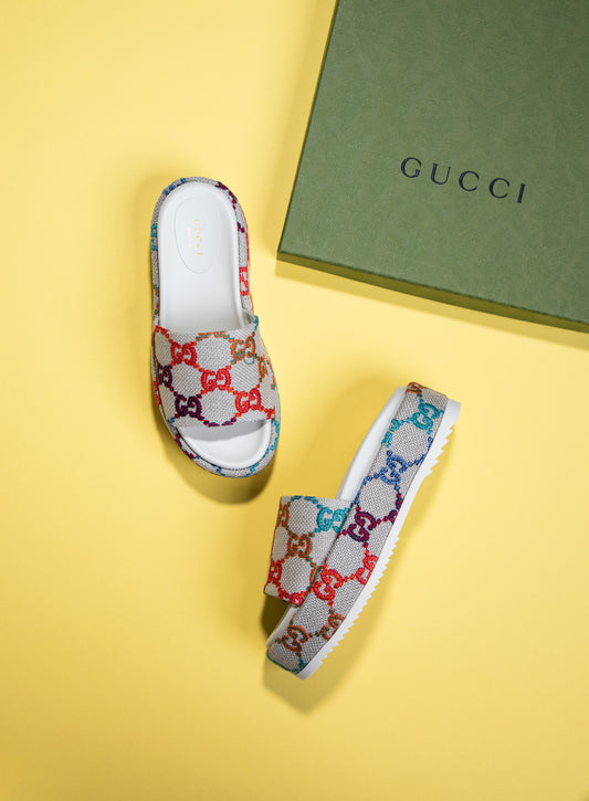 Gucci Platform Slide Sandals in GG Linen Fabric