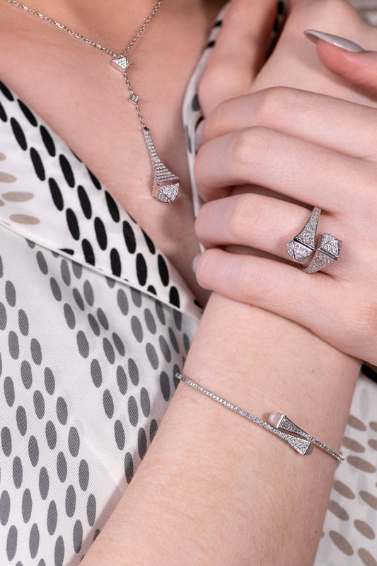 Marli Cleo White Gold Pendant w/Diamond & Slim Slip-On White Gold Moon Stone Bracelet & White Gold Full Diamond Ring