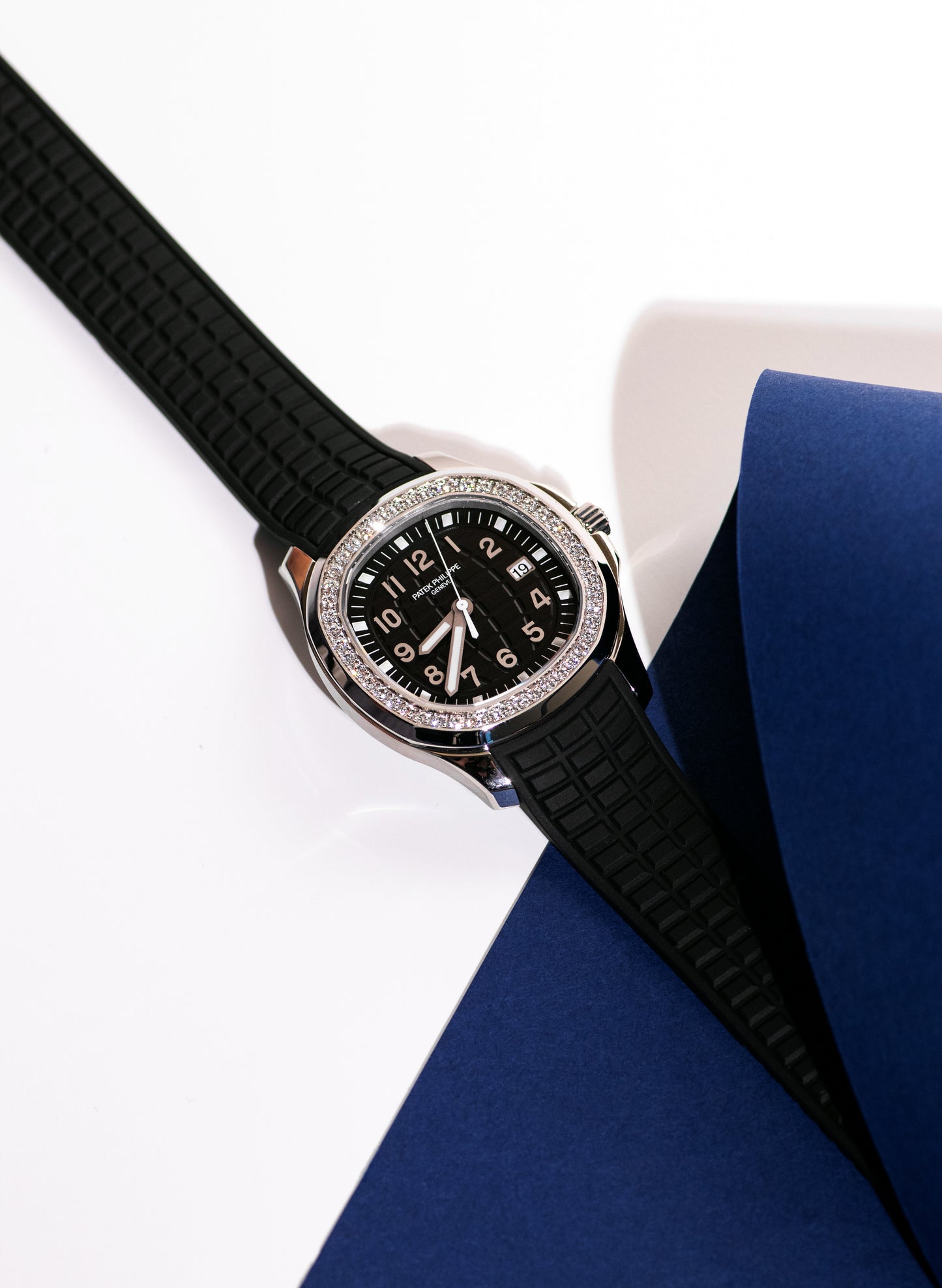 Patek Philippe Geneve Aquanaut Black Strap Watch with Diamond Dial