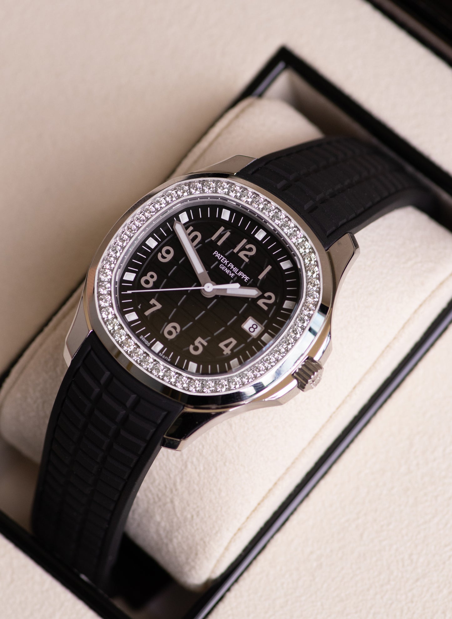 Patek Philippe Geneve Aquanaut Black Strap Watch with Diamond Dial