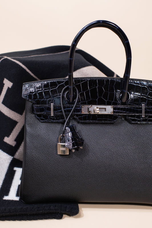 Hermès - Birkin 30 Touch Shiny Crocodile in Blue Marine/Black PHW