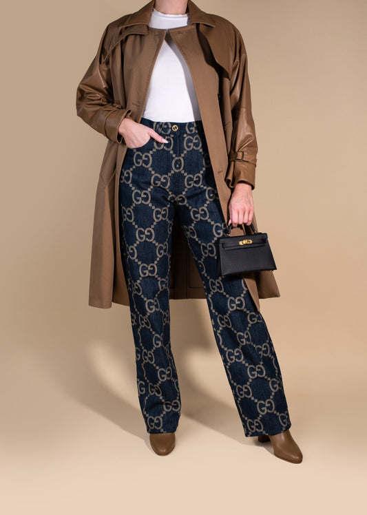 Max Mara Trench Coat with Gucci Jumbo GG Jeans and Hermès Mini Kelly 20 Black Epsom