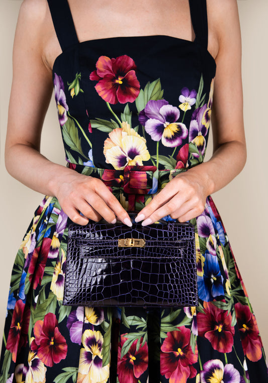 Oscar De La Renta Floral Dress with Hermès Kelly Pochette Crocodile Amethyst