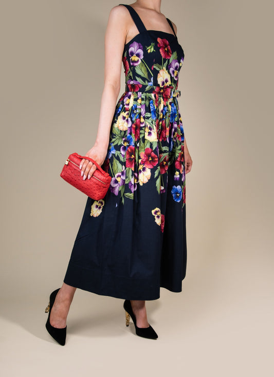 Oscar De La Renta Floral Dress with Loro Piana L19 Ostrich Rouge Pouch