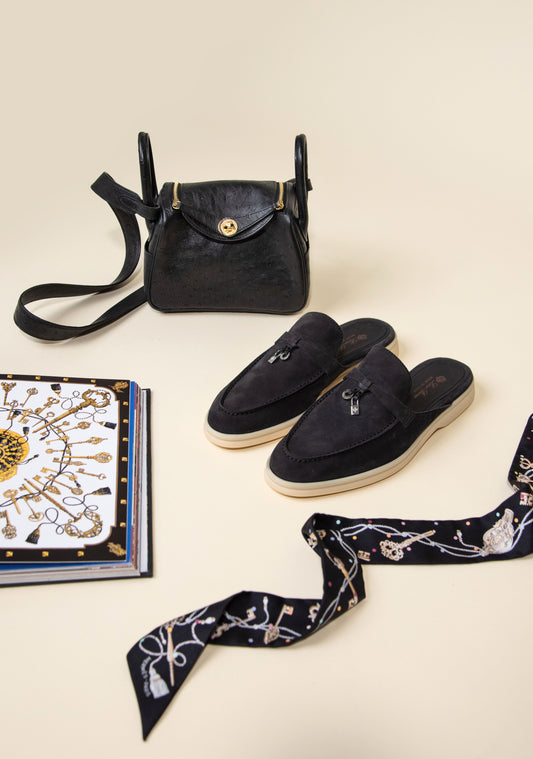 Hermès - Black Mini Lindy Ostrich with Loro Piana Babouche Mules