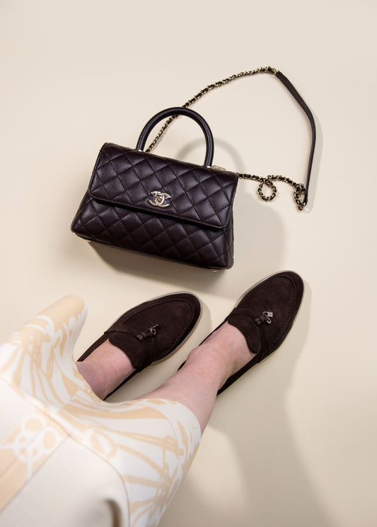 Hermès - Blanc Casse Top & Skirt with Chanel Brown Coco Handle Bag & Loro Piana Summer Charms in Brown