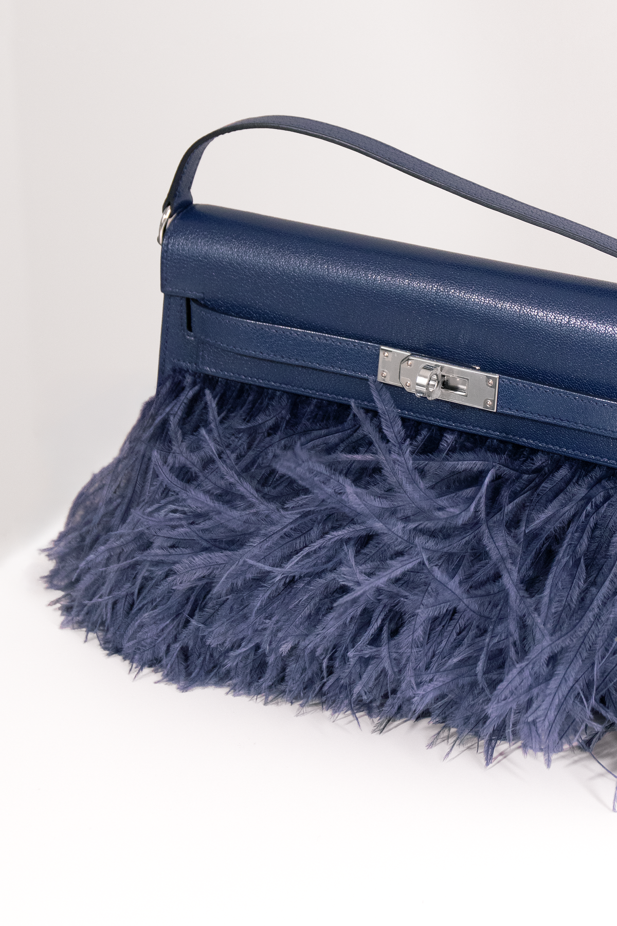 Hermès Kelly Elan Folie Ostrich Feathers in Blue Sapphire PHW