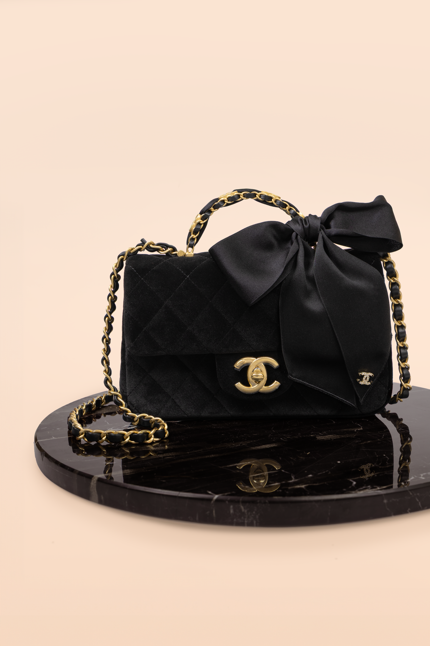 Chanel Black Velvet Bow Flap Bag with Handle