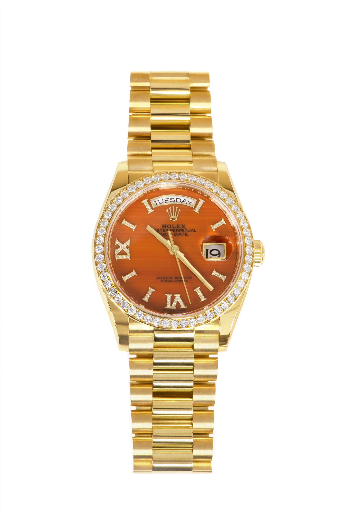 Rolex Day-Date 36mm in Yellow Gold with Diamond Carnelian Dial