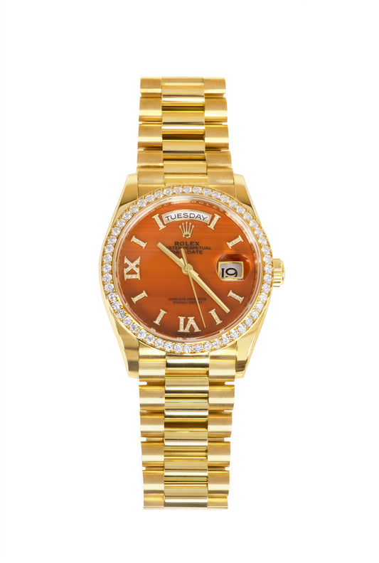 Rolex Day-Date 36mm in Yellow Gold with Diamond Carnelian Dial