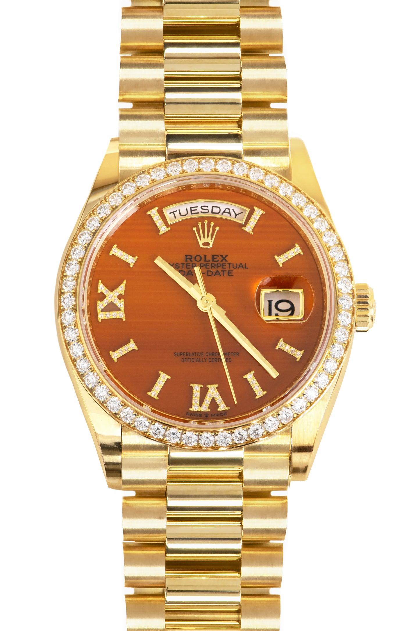 Rolex Day-Date 36mm in Yellow Gold with Diamond Carnelian Dial