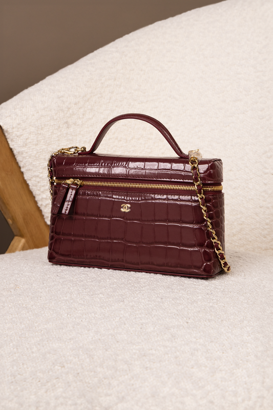 Chanel Burgundy Crocodile Embossed Vanity Case with Chain