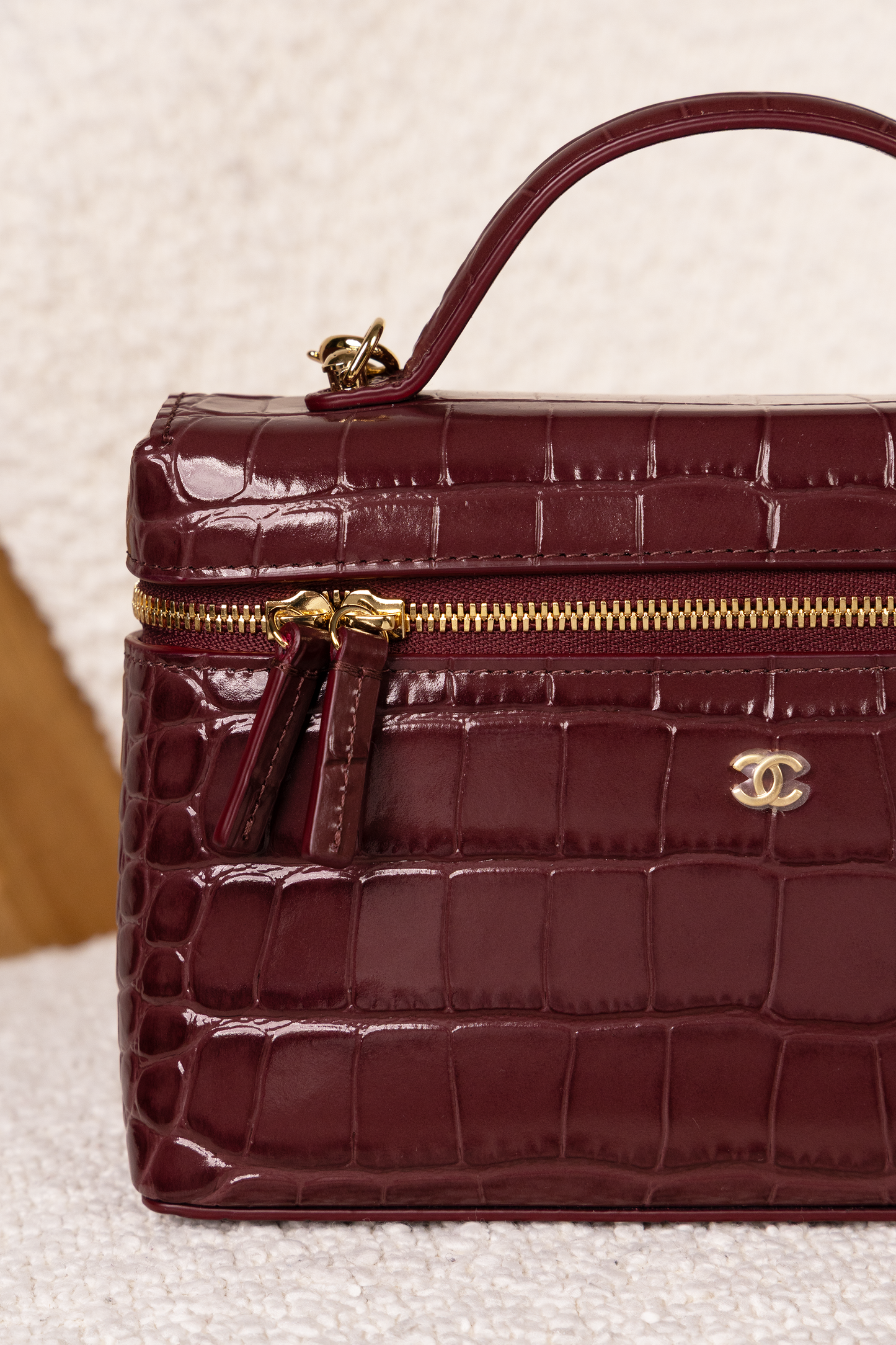 Chanel Burgundy Crocodile Embossed Vanity Case with Chain