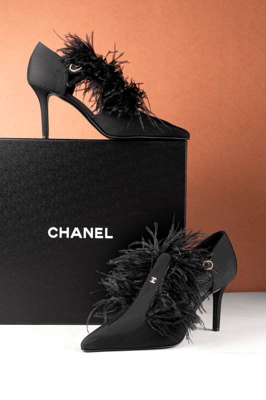 Chanel Mary Janes Grosgrain & Feathers in Black