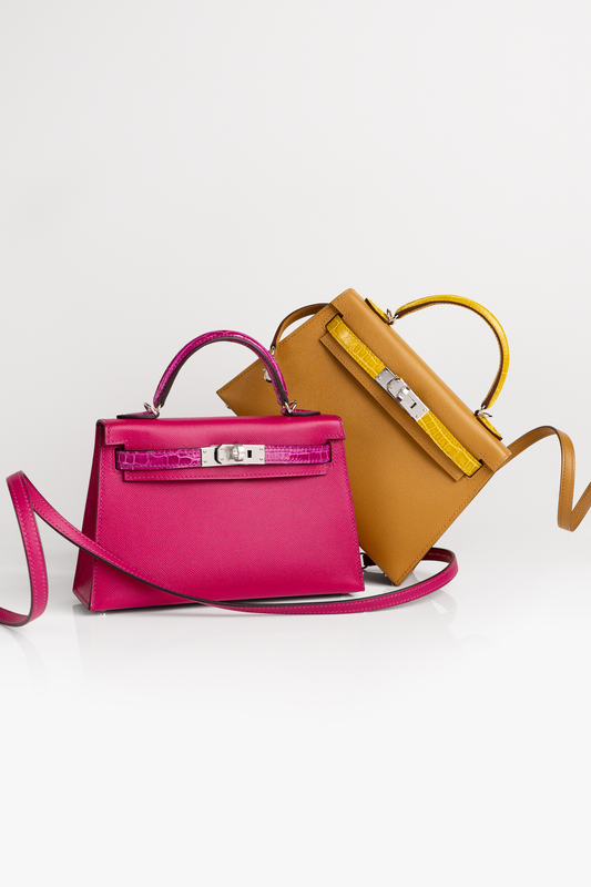 Hermès Mini Kelly 20 Touch Shiny Alligator Epsom in Sesame/Jaune Ambre PHW & Rose Pourpre PHW